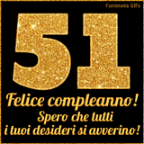 Un GIF animato per un 51° compleanno, Presenta il testo 'Buon Compleanno 51' su uno sfondo giallo vivo con palloncini colorati, festoni e una pioggia di coriandoli.