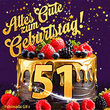 Eine köstlich aussehende animierte Geburtstagskarte für den 51. Geburtstag, dekoriert mit Erdbeeren, Blaubeeren und goldenen Details, Sterne funkeln und fallen, mit 'Alles Gute zum Geburtstag!'-Text.