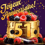 Une animation de célébration d'un gâteau de 51ème anniversaire, Des étoiles dorées tombent du ciel, mettant en valeur le texte 'Joyeux Anniversaire !' et le nombre doré 51 à l'avant du gâteau.