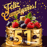 Una animación de celebración de una tarta para el 51º cumpleaños, Estrellas doradas caen del cielo, destacando el texto '¡Feliz Cumpleaños!' y el número dorado 51 en la tarta.