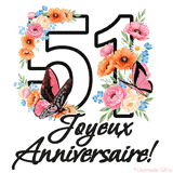 Ce GIF de Joyeux 51ème Anniversaire présente le nombre vingt rempli d'un bouquet vibrant de fleurs animées, avec des papillons qui bougent doucement sur un fond blanc.