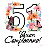 Questo GIF di Buon 51° Compleanno mostra il numero venti riempito con un vibrante bouquet di fiori animati, con farfalle che si muovono dolcemente su uno sfondo bianco.