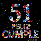 El número 51 y la frase FELIZ CUMPLE están hechos de brillantes gemas de colores, sobreponiéndose a un fondo negro con estrellas luminosas.