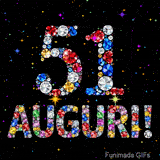 Animazione con il numero 51 e la parola Auguri creati da pietre preziose colorate, con un effetto scintillante su sfondo nero.