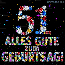 Die Ziffer 51 und die Worte Alles Gute zum Geburtstag, zusammengesetzt aus bunten Kristallen vor dunklem Hintergrund mit Glitzersternchen.