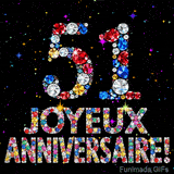Image animée montrant le chiffre 51 et le texte Joyeux Anniversaire composés de pierres précieuses, avec un effet de scintillement sur fond noir.