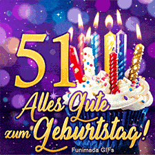 Die 51 erstrahlt in Gold neben einem Muffin mit brennenden Kerzen. Der Text 'Alles Gute zum Geburtstag!' hebt sich vom violetten Bokeh ab.
