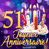 GIF animé Joyeux Anniversaire 51 ans avec le chiffre 51 en or, un cupcake et des bougies colorées sur fond violet.