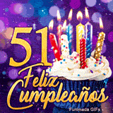 GIF animado de Feliz Cumpleaños 51 años con el número 51 en oro, un cupcake y velas de colores sobre fondo morado.