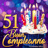 GIF animata di Buon Compleanno 51 anni con il numero 51 in oro, un cupcake e candeline colorate su sfondo viola.