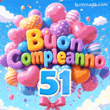 Palloncini multicolori fluttuano in un cielo azzurro nuvoloso. Il grande numero azzurro 51 pende sotto le lettere 3D che formano Buon Compleanno.