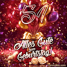 Bunte Ballons in Rot Gold und Lila schweben über Geschenkboxen und Rosen während die große goldene Zahl 51 und Alles Gute zum Geburtstag mit Konfetti auf rotem Hintergrund funkeln