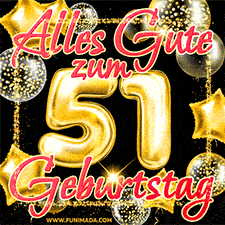 Glänzende goldene Ballons und ein quadratischer Glitzerrahmen: Animiertes GIF zum 51. Geburtstag mit der großen goldenen Zahl 51