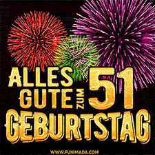 Ein dynamisches animiertes GIF mit buntem Feuerwerk und goldenen Zahlen, die den 51 Geburtstag hervorheben.