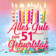 Geburtstags-GIF mit einem weißen Cremekuchen mit bunten Kerzen und Streuseln und den Worten 'Alles Gute zum 51. Geburtstag' in rosafarbenem Zierfisch.
