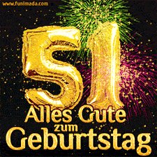 Große goldene Zahlen 51 auf schwarzem Hintergrund, die Worte 'Alles Gute zum Geburtstag' in goldener Schrift und ein spektakuläres Feuerwerk.