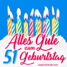 Ein buntes Geburtstags-GIF mit strahlenden Kerzen auf einer festlichen Torte zur Feier des 51.