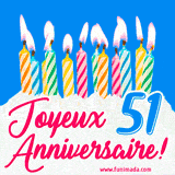 GIF animé joyeux anniversaire pour 51 ans avec des bougies colorées allumées, un fond bleu vif et le texte 'Joyeux Anniversaire 51!' en écriture élégante.
