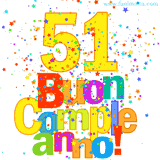 Animazione con il numero 51 in giallo e scritte multicolore 'Buon Compleanno!', accompagnate da una pioggia di stelle e coriandoli colorati.