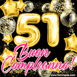 Animazione con palloncini dorati a forma del numero 51, circondati da decorazioni scintillanti e la scritta 'Buon Compleanno!' in caratteri rosa accattivanti.