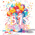 Animated star-shaped confetti, multicolor balloons, and a gift box in a joyful 51st birthday GIF