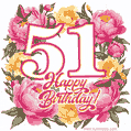 Animated 51st birthday GIF featuring a wreath of beautiful peonies, perfect for her special day