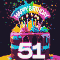 Chocolate cake with number 51 adorned with vibrant multicolored frosting, candles, and a rainbow topper
