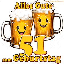 Zwei lustige Bierkrüge mit fröhlichen Gesichtern hüpfen auf und ab. Der Text lautet 'Alles Gute zum 51. Geburtstag'.
