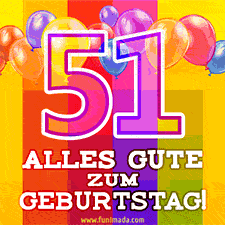 Große Zahl 35 in Umrissschrift, die Worte 'Alles Gute zum 51. Geburtstag', mehrfarbige animierte Ballons und lebendiger Hintergrund.