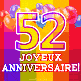GIF animé 52 ans avec des ballons colorés, un grand chiffre 52 et 'Joyeux Anniversaire!' sur un fond éclatant.