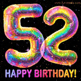 Shiny number 52 birthday celebration balloons with an iridescent glow and glitter on a black background with twinkling stars.