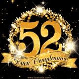 Il numero 52 è circondato da un anello dorato brillante, accompagnato da un nastro elegante con la scritta 'Buon Compleanno!' su uno sfondo scuro.