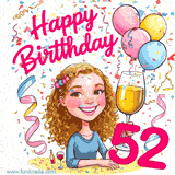 An animated birthday GIF featuring a smiling cartoon woman holding a glass of wine. Text reads 'Happy Birthday 52' surrounded by colorful balloons and confetti.