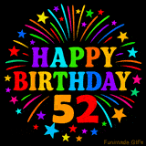 A birthday cake with lit candles is shown with colorful balloons and animated confetti.
