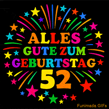 Animiertes GIF 'Alles Gute zum Geburtstag 52 mit bunten Buchstaben und leuchtenden Sternen