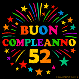 GIF animata 'Buon Compleanno 52' con lettere colorate e fuochi d'artificio