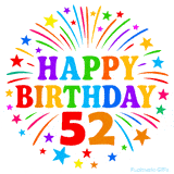 Festive 'Happy Birthday 52' animated GIF with rainbow-colored letters surrounded by fireworks and stars