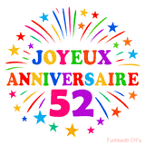 GIF animé joyeux anniversaire 52 ans avec étoiles multicolores et feu d’artifice