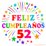 Imagen animada para felicitar los 52 años con letras de colores y diseño festivo.