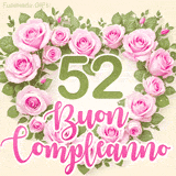 GIF per il 52° compleanno con un cuore di rose rosa e scritta elegante