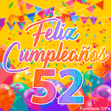 Un GIF animado para un 52º cumpleaños, Muestra el texto 'Feliz Cumpleaños 52' sobre un fondo amarillo vibrante con globos de colores, banderines y una lluvia de confeti.