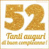 GIF animata per un 52° compleanno, Mostra il numero 52 in grandi caratteri dorati pieni di glitter scintillante, Sotto, la scritta 'Tanti auguri di buon compleanno!' in un elegante oro.