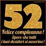 Un GIF animato per un 52° compleanno, Presenta il testo 'Buon Compleanno 52' su uno sfondo giallo vivo con palloncini colorati, festoni e una pioggia di coriandoli.