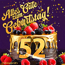 Eine köstlich aussehende animierte Geburtstagskarte für den 52. Geburtstag, dekoriert mit Erdbeeren, Blaubeeren und goldenen Details, Sterne funkeln und fallen, mit 'Alles Gute zum Geburtstag!'-Text.
