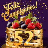 Una animación de celebración de una tarta para el 52º cumpleaños, Estrellas doradas caen del cielo, destacando el texto '¡Feliz Cumpleaños!' y el número dorado 52 en la tarta.
