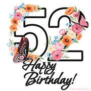 A floral 52nd birthday animated greeting card. The number '52' is surrounded by animated flowers and butterflies, creating a beautiful and cheerful way to celebrate the milestone.