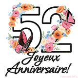 Ce GIF de Joyeux 52ème Anniversaire présente le nombre vingt rempli d'un bouquet vibrant de fleurs animées, avec des papillons qui bougent doucement sur un fond blanc.