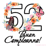 Questo GIF di Buon 52° Compleanno mostra il numero venti riempito con un vibrante bouquet di fiori animati, con farfalle che si muovono dolcemente su uno sfondo bianco.