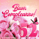 Immagine animata per i 52 anni: GIF di rose rosa fresche, farfalla in volo e spettacolari luci su sfondo sfumato e brillante.