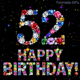 Brightly colored shiny crystals form the digit 52 and Happy Birthday lettering, positioned on a dark canvas featuring small animated twinkling bright stars.